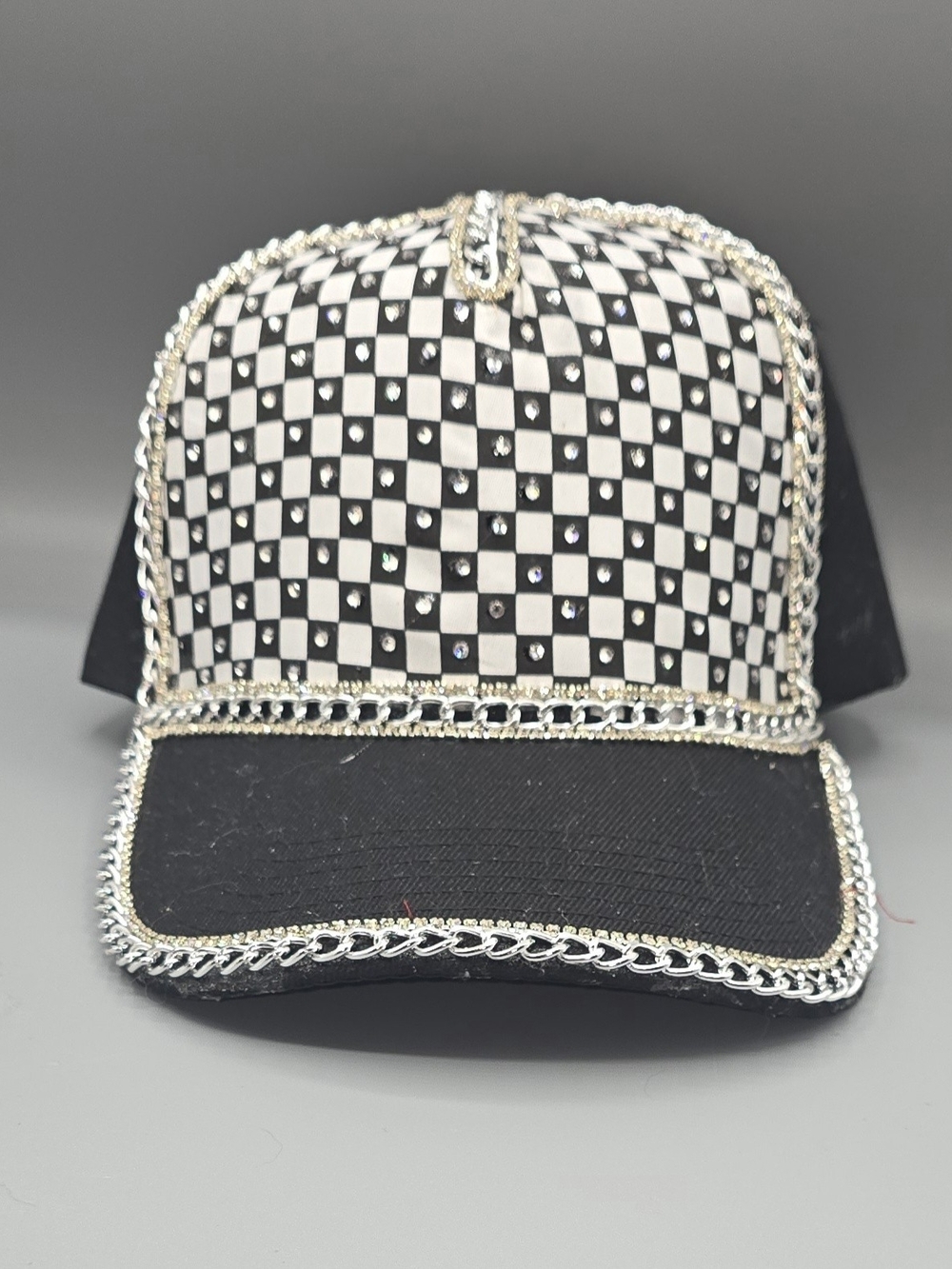 Black & White Checkerboard Rhinestone Chain Trucker Hat